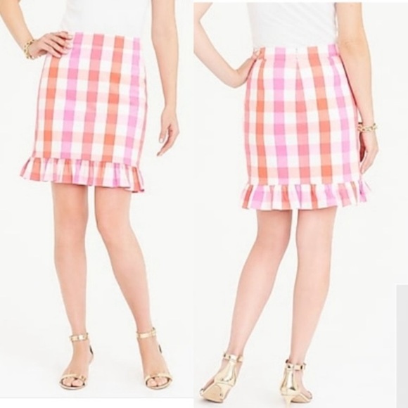 J. Crew Gingham Plaid Ruffle Skirt Pink and Orange Size 2 NWT - Picture 3 of 13
